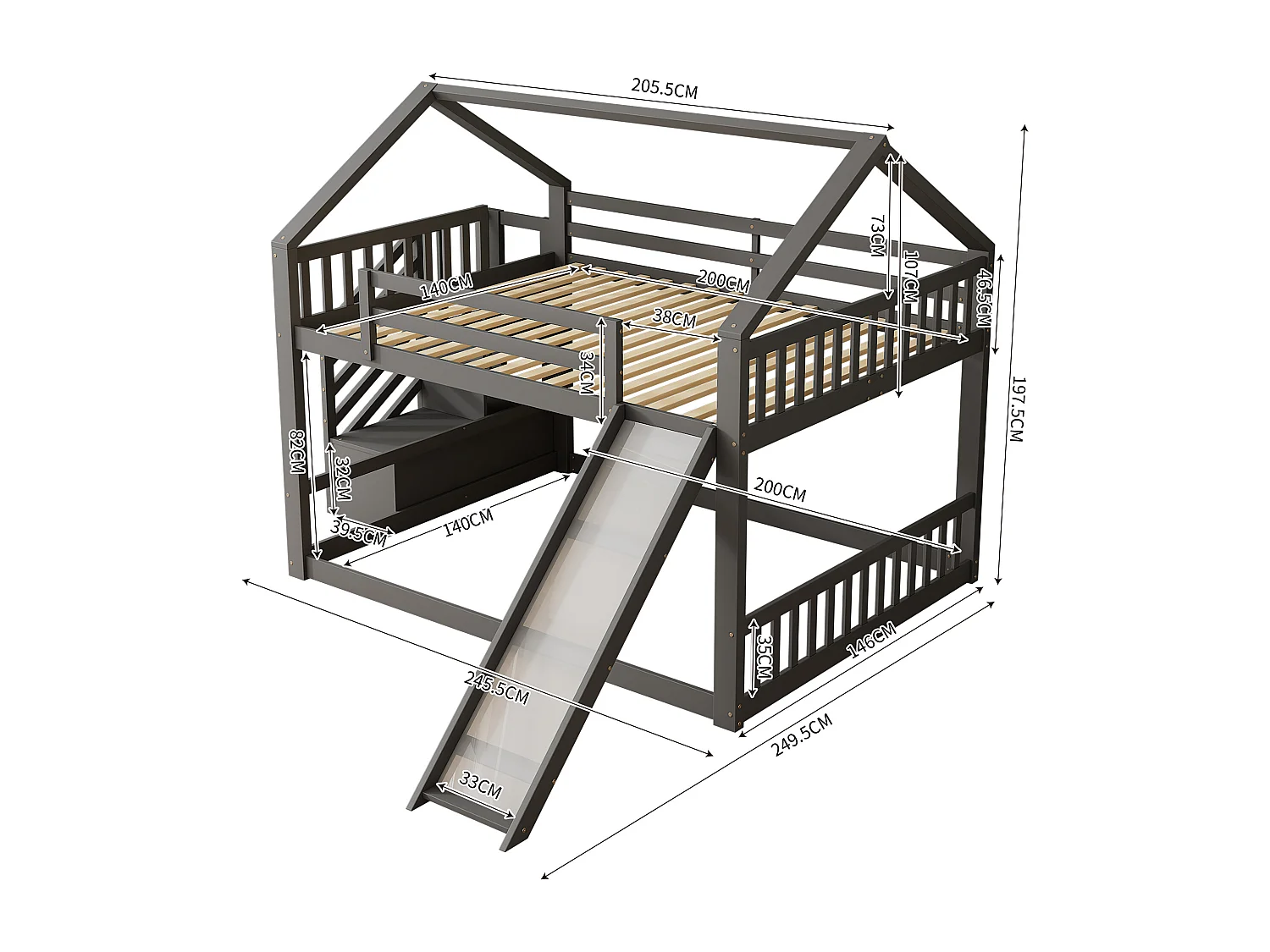 Lits superposés 2 x 140 x 200 cm - Bois MDF - Escalier de rangement et toboggan - Gris