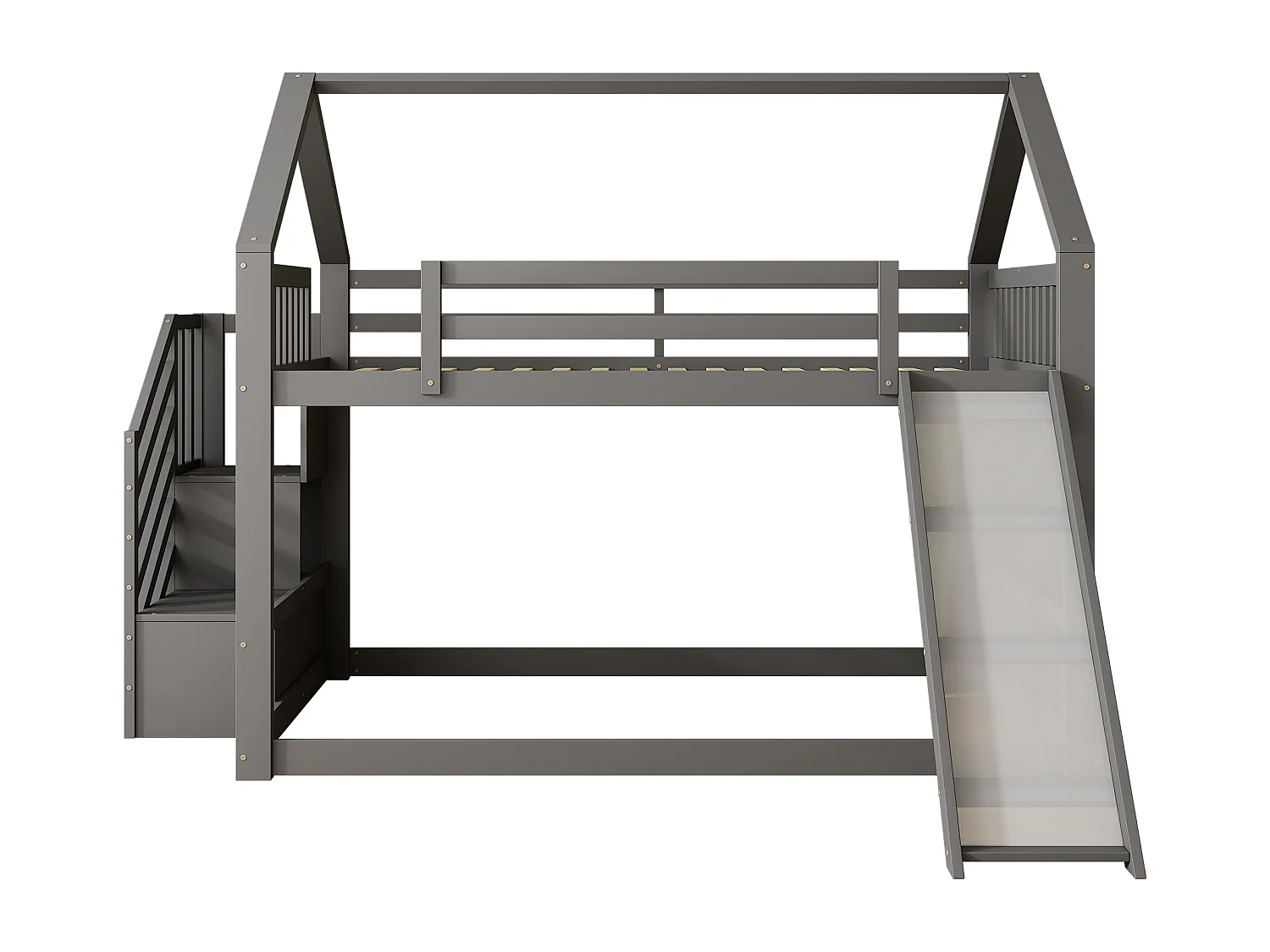 Lits superposés 2 x 140 x 200 cm - Bois MDF - Escalier de rangement et toboggan - Gris