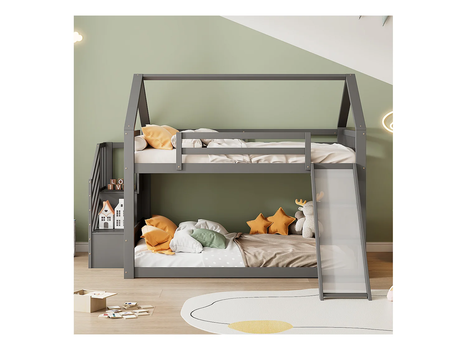 Stapelbed 2 x 140 x 200 cm - MDF hout - Opbergtrap en glijbaan - Grijs