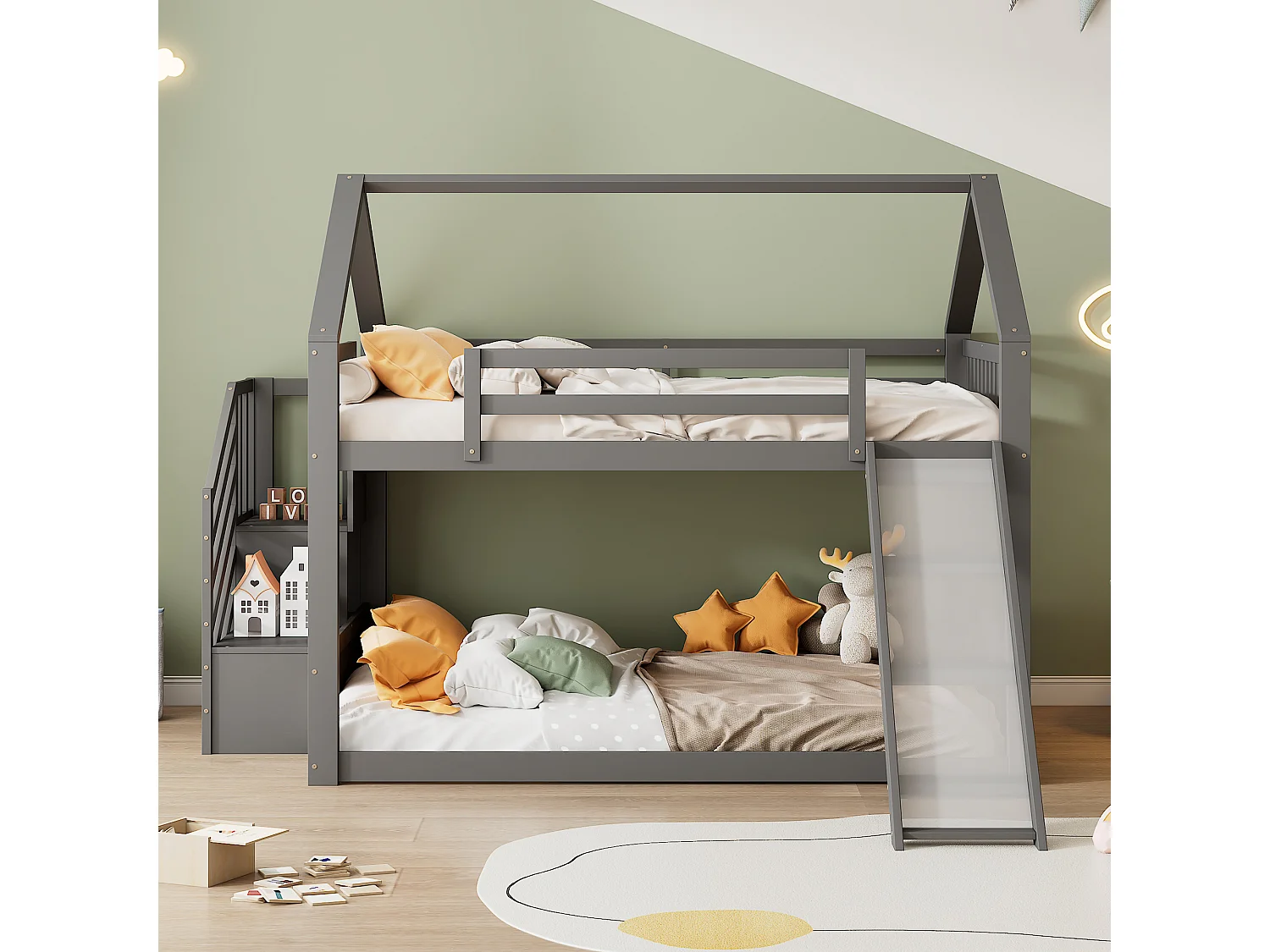 Lits superposés 2 x 140 x 200 cm - Bois MDF - Escalier de rangement et toboggan - Gris