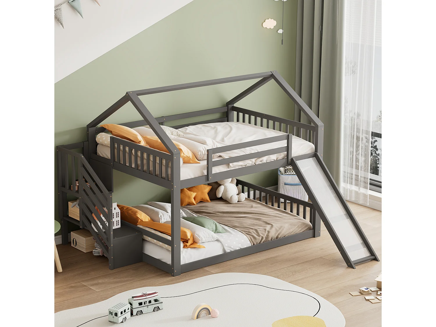 Lits superposés 2 x 140 x 200 cm - Bois MDF - Escalier de rangement et toboggan - Gris