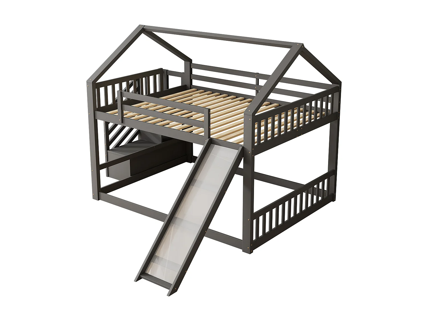 Lits superposés 2 x 140 x 200 cm - Bois MDF - Escalier de rangement et toboggan - Gris