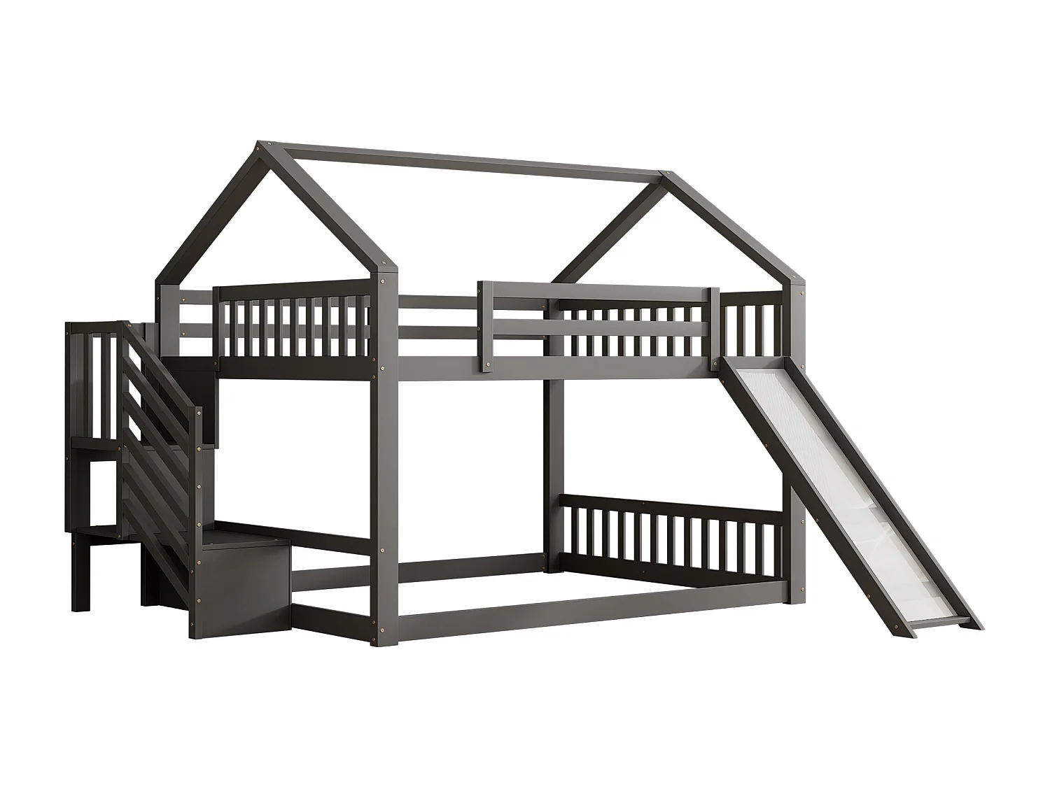 Lits superposés 2 x 140 x 200 cm - Bois MDF - Escalier de rangement et toboggan - Gris