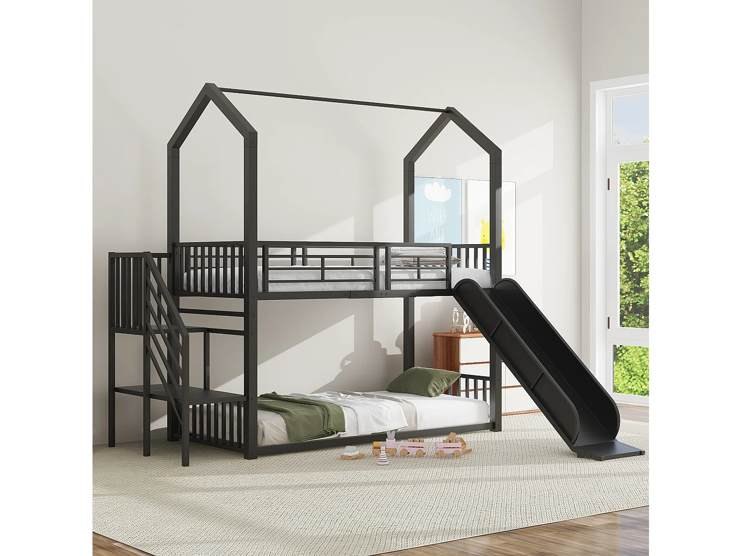 Literas 2 x 90 x 200 cm con tobogán y escalera - Metal - para niños - Negro