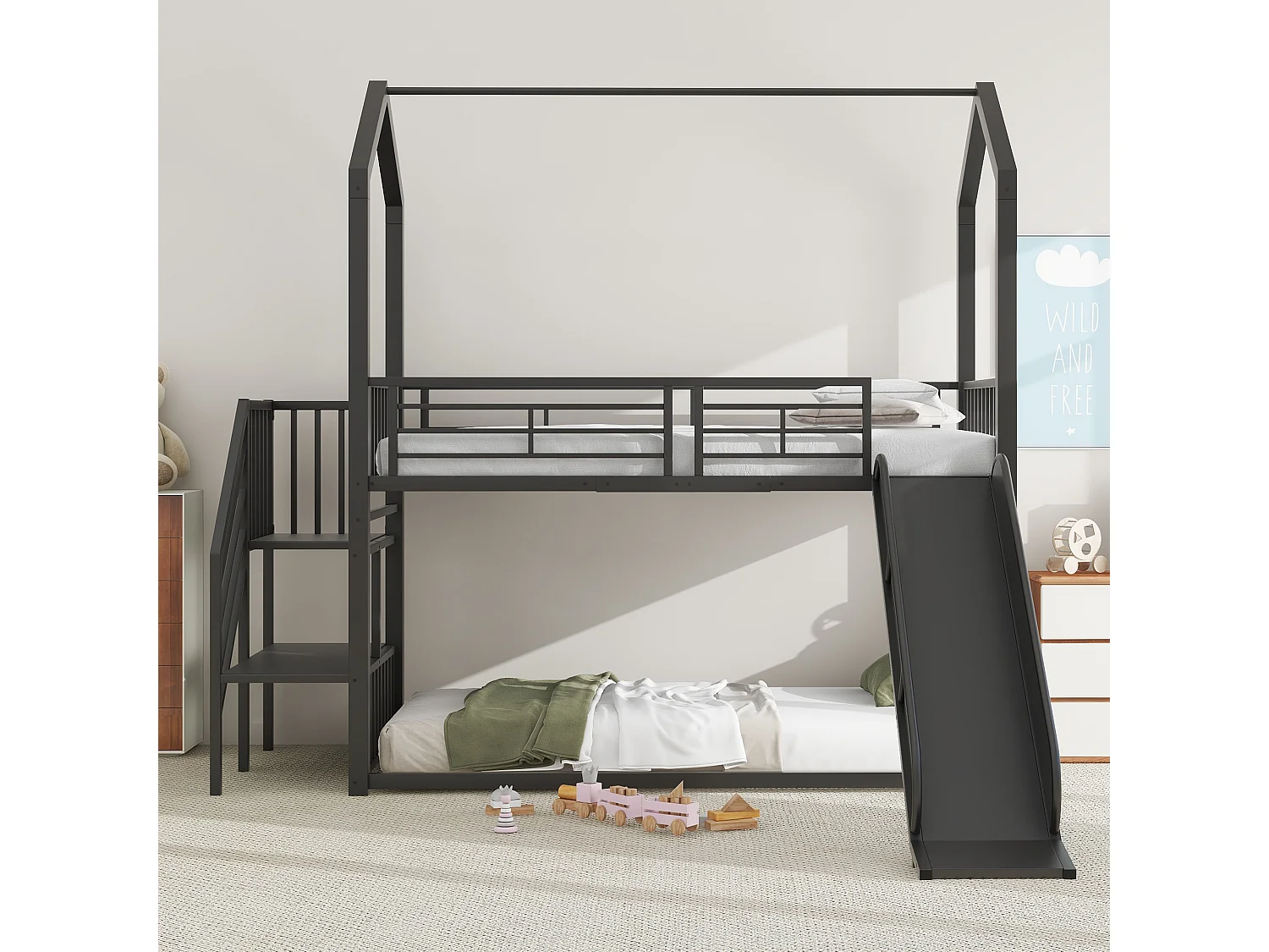 Literas 2 x 90 x 200 cm con tobogán y escalera - Metal - para niños - Negro