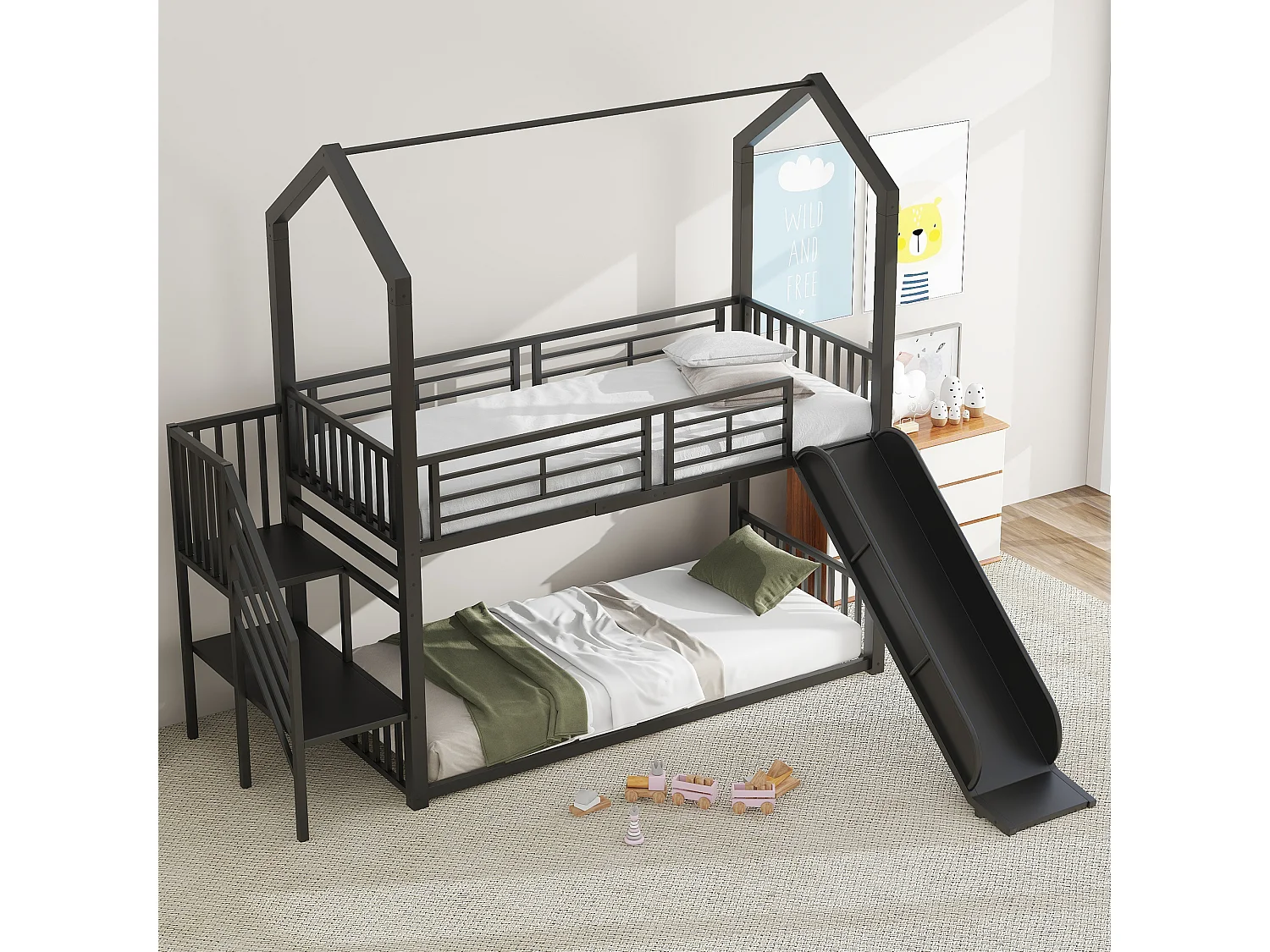 Literas 2 x 90 x 200 cm con tobogán y escalera - Metal - para niños - Negro