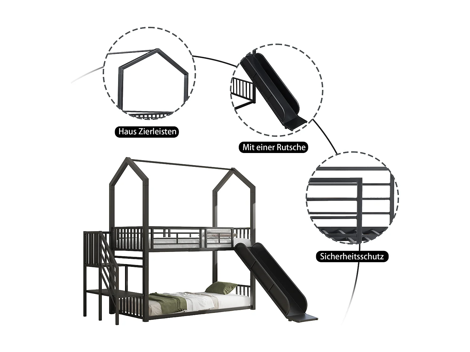 Literas 2 x 90 x 200 cm con tobogán y escalera - Metal - para niños - Negro