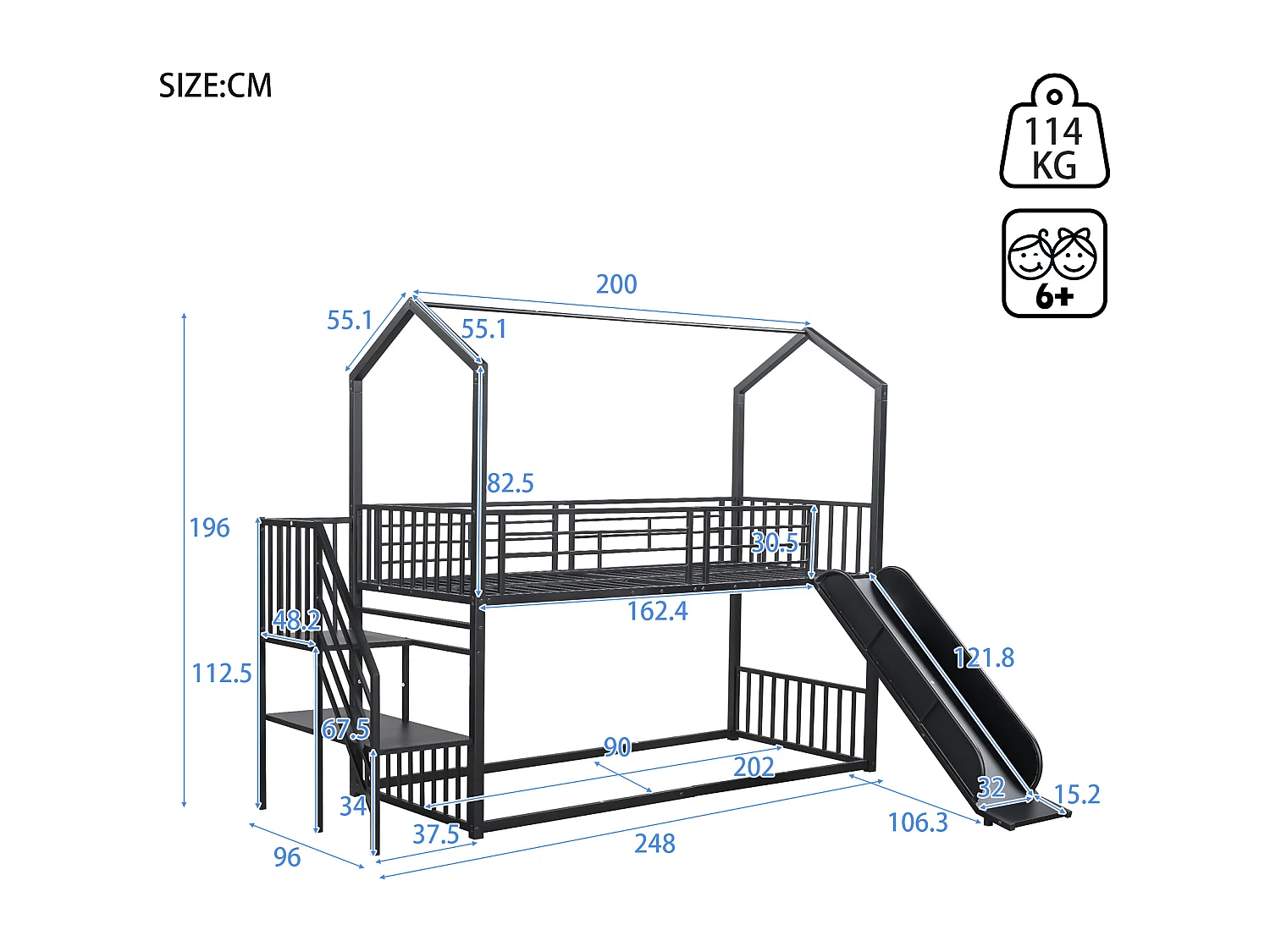 Literas 2 x 90 x 200 cm con tobogán y escalera - Metal - para niños - Negro