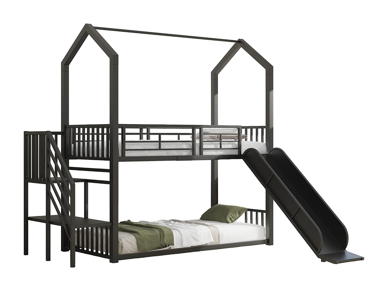 Literas 2 x 90 x 200 cm con tobogán y escalera - Metal - para niños - Negro