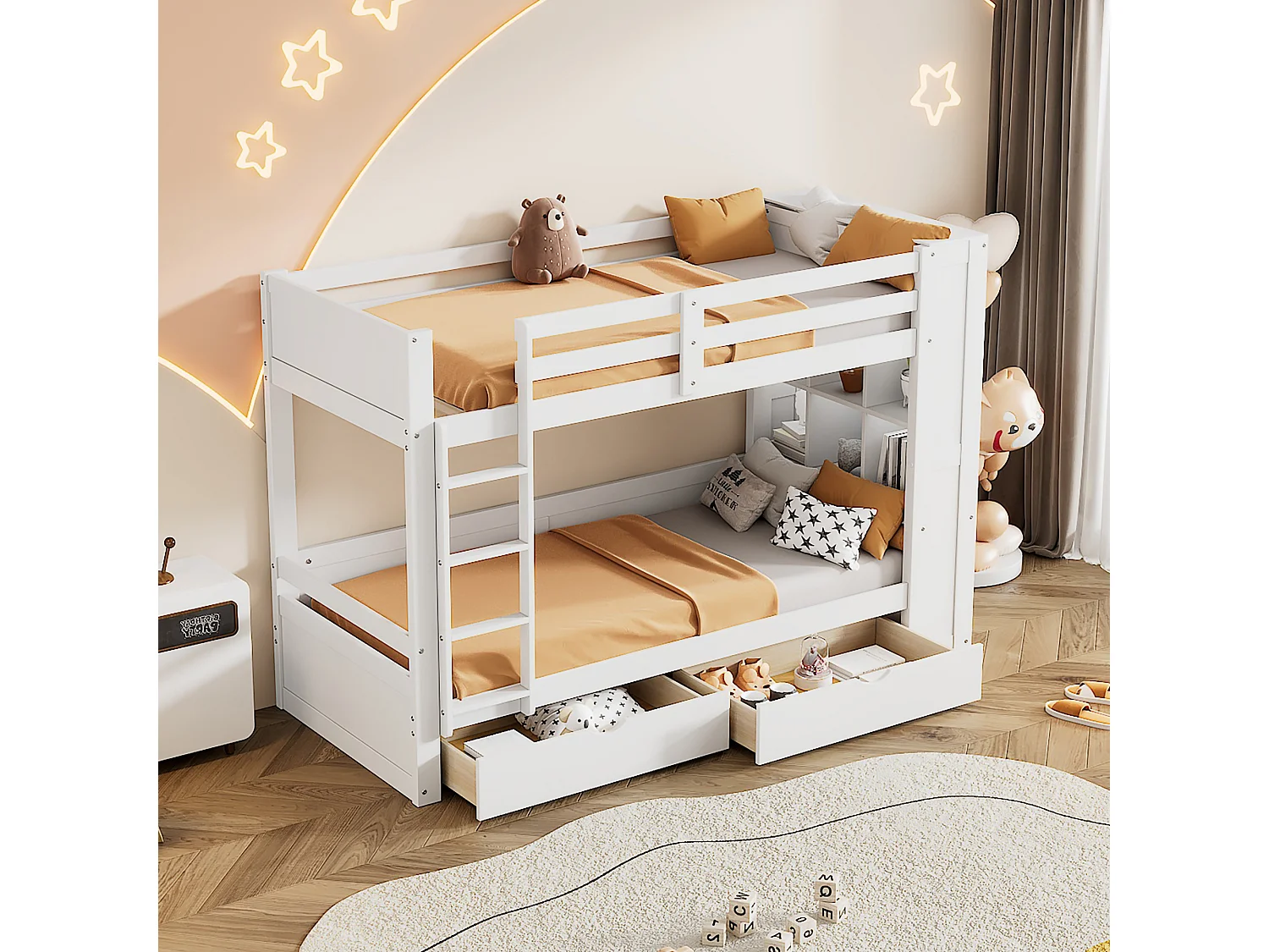 Stapelbed 2 x 90 x 200 cm voor kinderen - 2 lades + 6 compartimenten + planken - MDF-hout - Wit