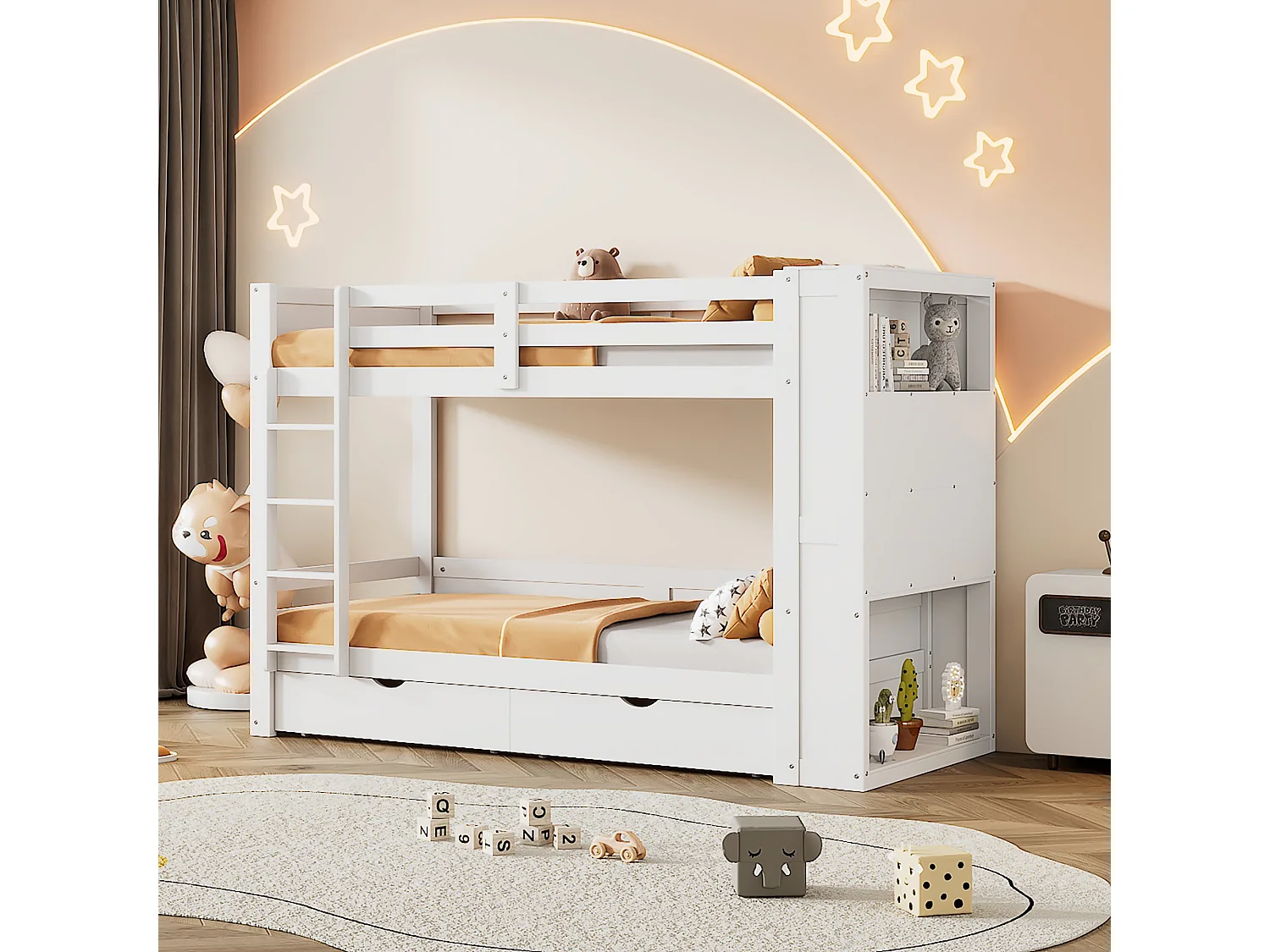 Stapelbed 2 x 90 x 200 cm voor kinderen - 2 lades + 6 compartimenten + planken - MDF-hout - Wit