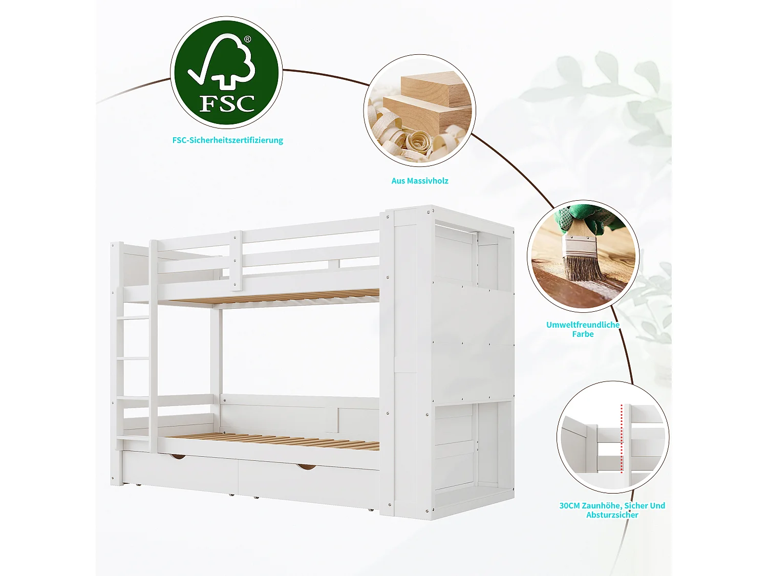 Stapelbed 2 x 90 x 200 cm voor kinderen - 2 lades + 6 compartimenten + planken - MDF-hout - Wit