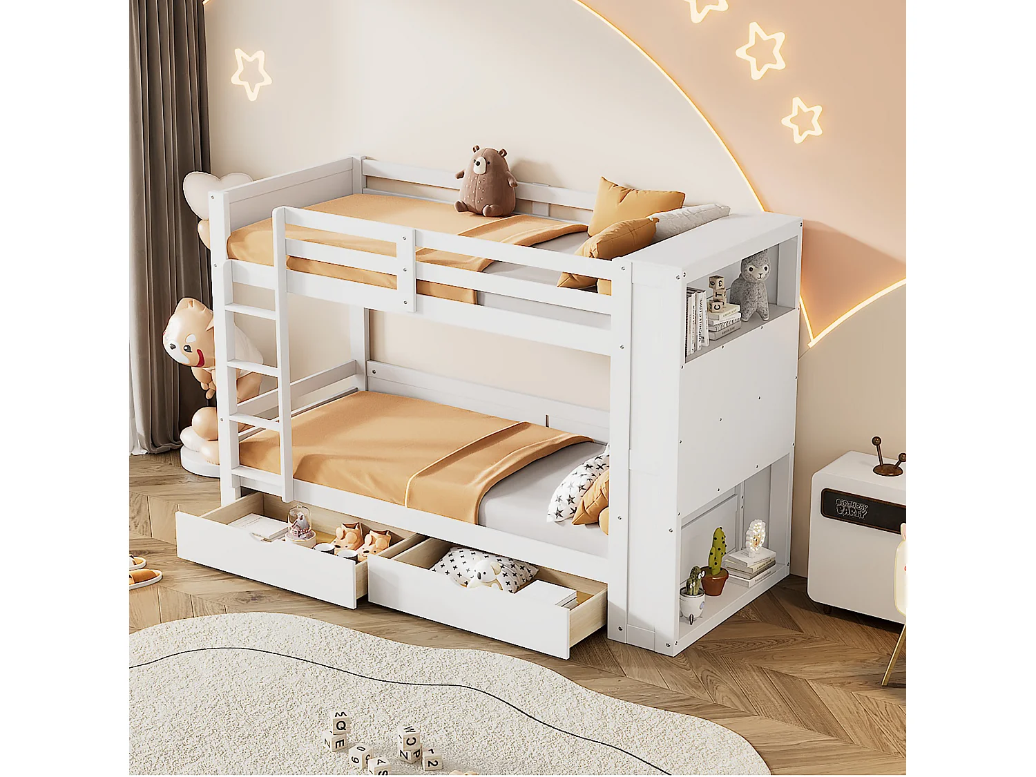 Lits superposés 2 x 90 x 200 cm pour enfant - 2 tiroirs + 6 compartiements + étagères - bois MDF - Blanc