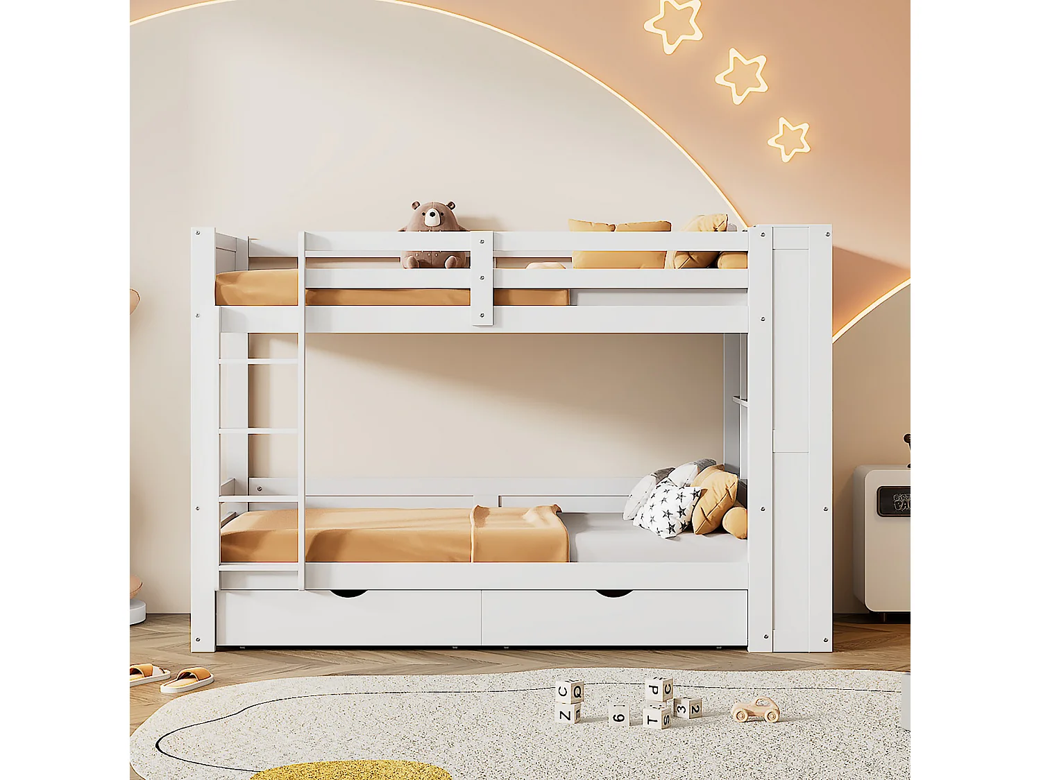 Lits superposés 2 x 90 x 200 cm pour enfant - 2 tiroirs + 6 compartiements + étagères - bois MDF - Blanc