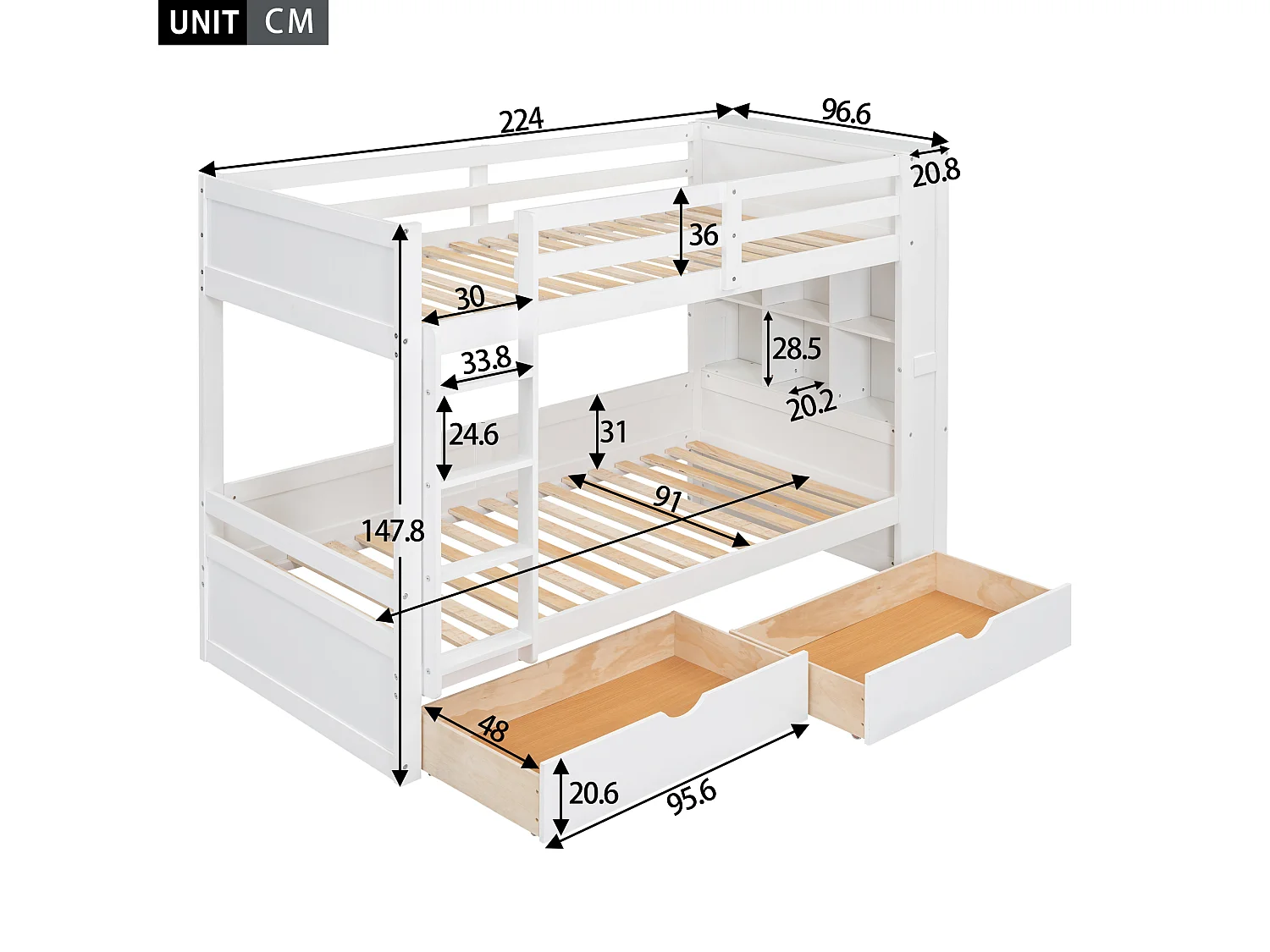 Lits superposés 2 x 90 x 200 cm pour enfant - 2 tiroirs + 6 compartiements + étagères - bois MDF - Blanc