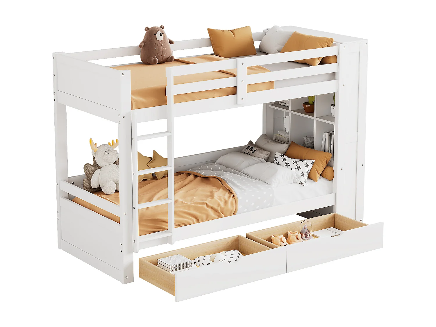 Lits superposés 2 x 90 x 200 cm pour enfant - 2 tiroirs + 6 compartiements + étagères - bois MDF - Blanc