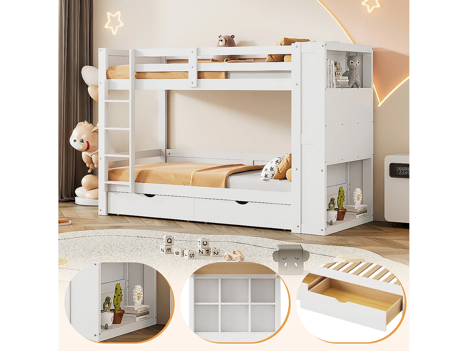 Lits superposés 2 x 90 x 200 cm pour enfant - 2 tiroirs + 6 compartiements + étagères - bois MDF - Blanc