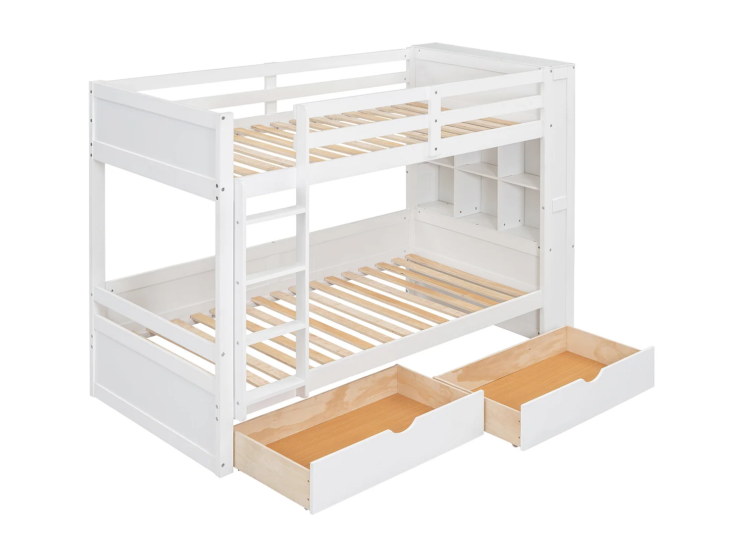 Lits superposés 2 x 90 x 200 cm pour enfant - 2 tiroirs + 6 compartiements + étagères - bois MDF - Blanc