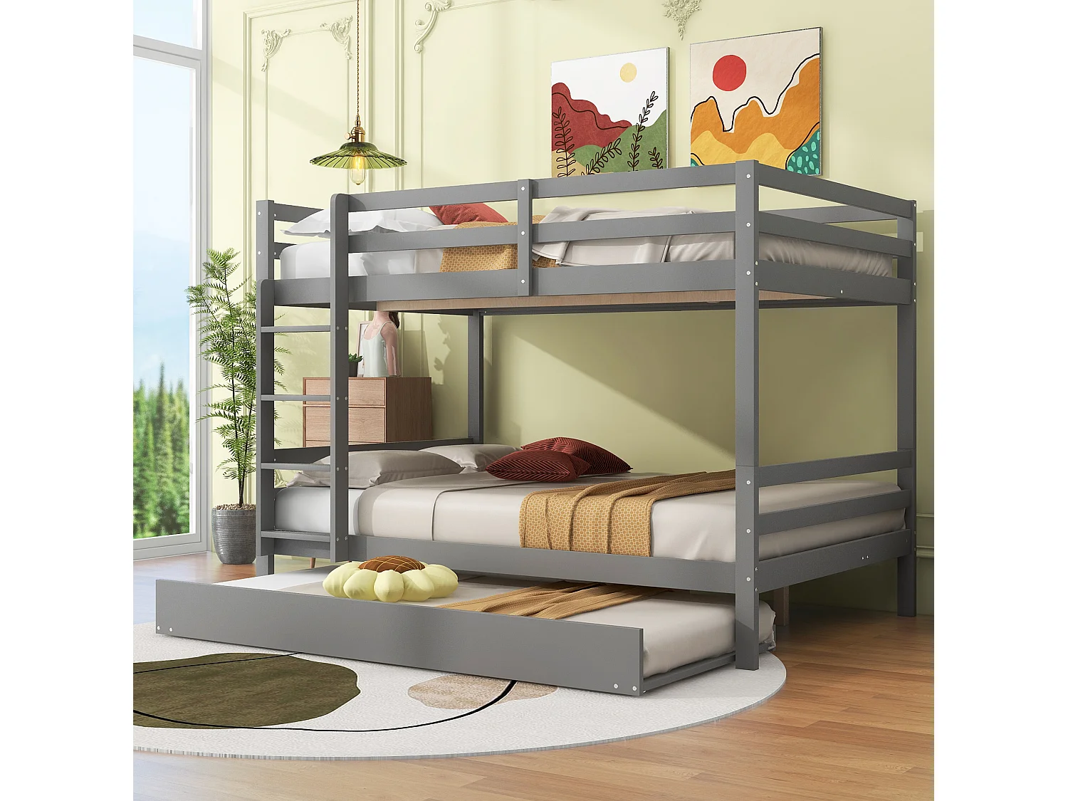 Stapelbed 140 x 200 cm met uitschuifbed 90 x 200 cm - leuning en trap - MDF-hout - grijs