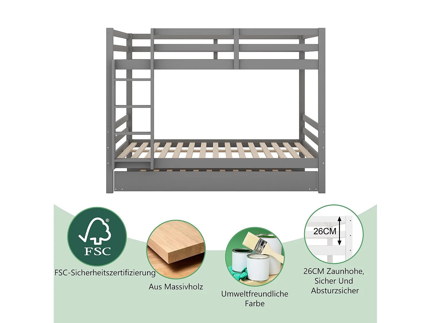 Stapelbed 140 x 200 cm met uitschuifbed 90 x 200 cm - leuning en trap - MDF-hout - grijs