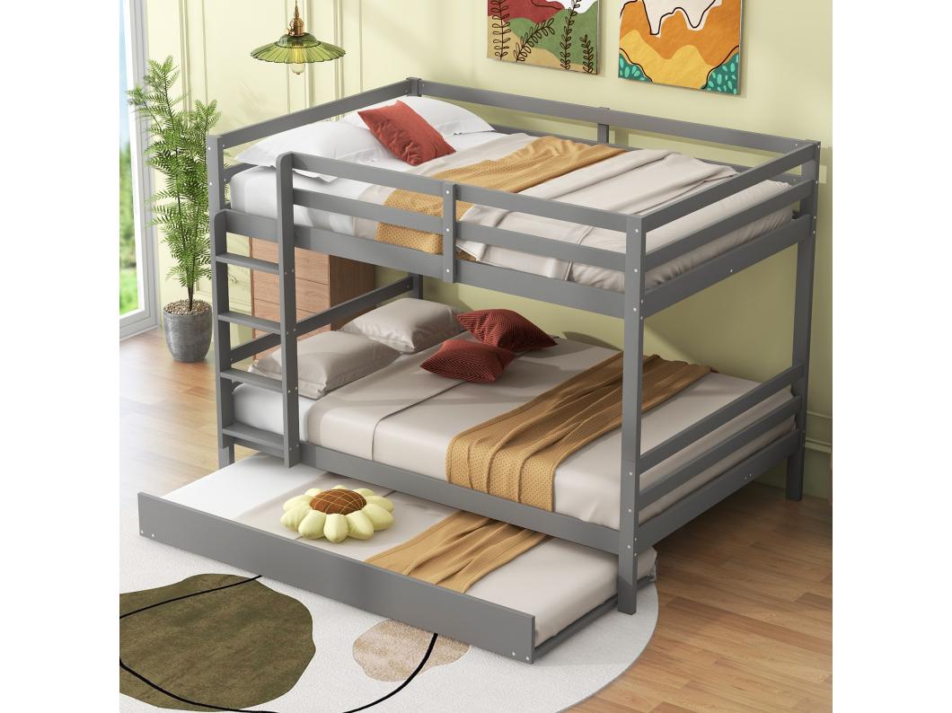 Stapelbed 140 x 200 cm met uitschuifbed 90 x 200 cm - leuning en trap - MDF-hout - grijs