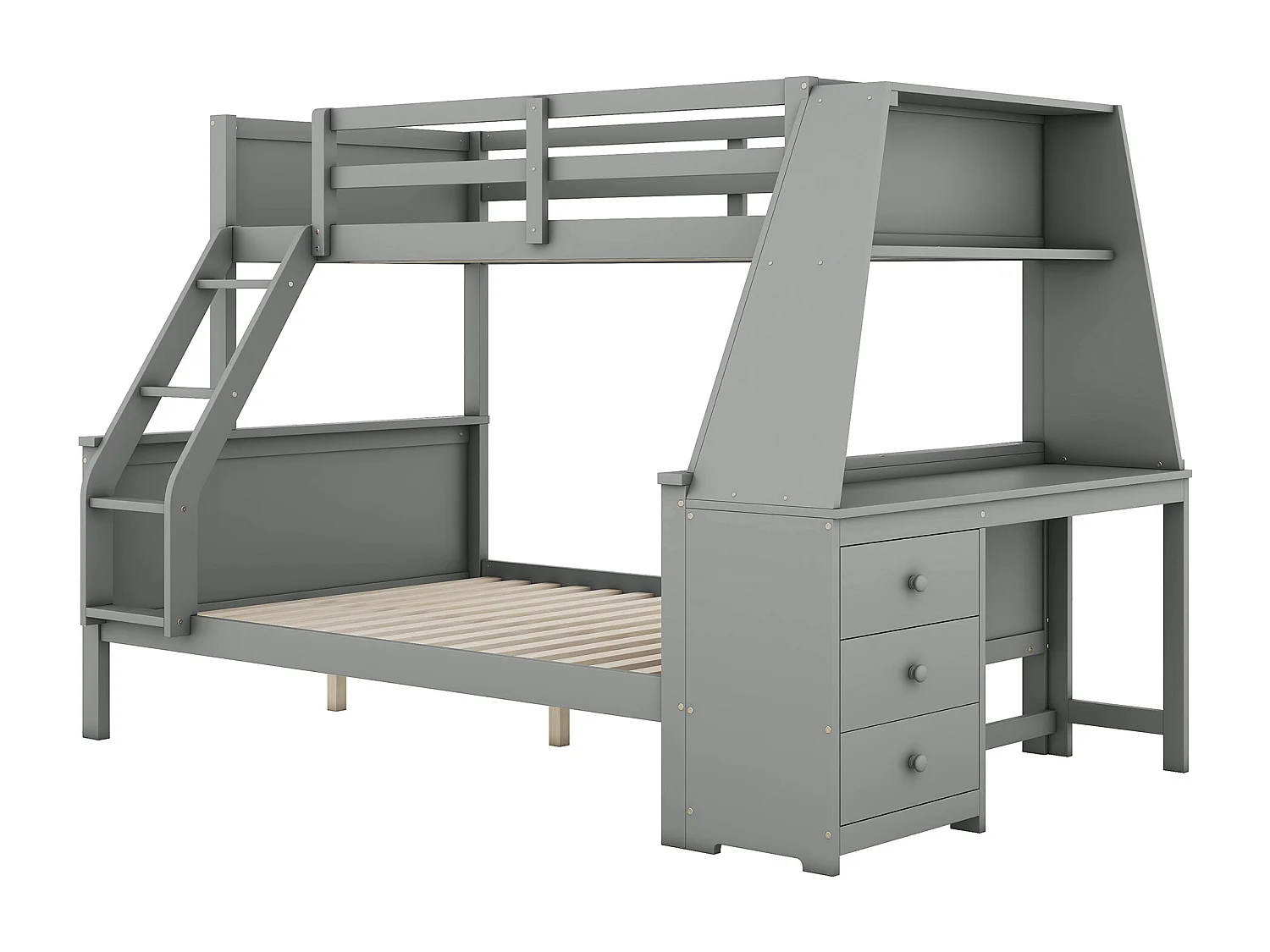 Etagenbetten 90 x 200 cm + 140 x 200 cm – Schreibtisch + 3 Schubladen + Regal – MDF-Holz – Grau