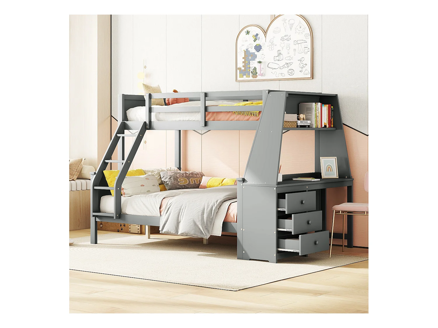 Lits superposés 90 x 200 cm + 140 x 200 cm - bureau + 3 tiroirs + étagère - bois MDF - gris