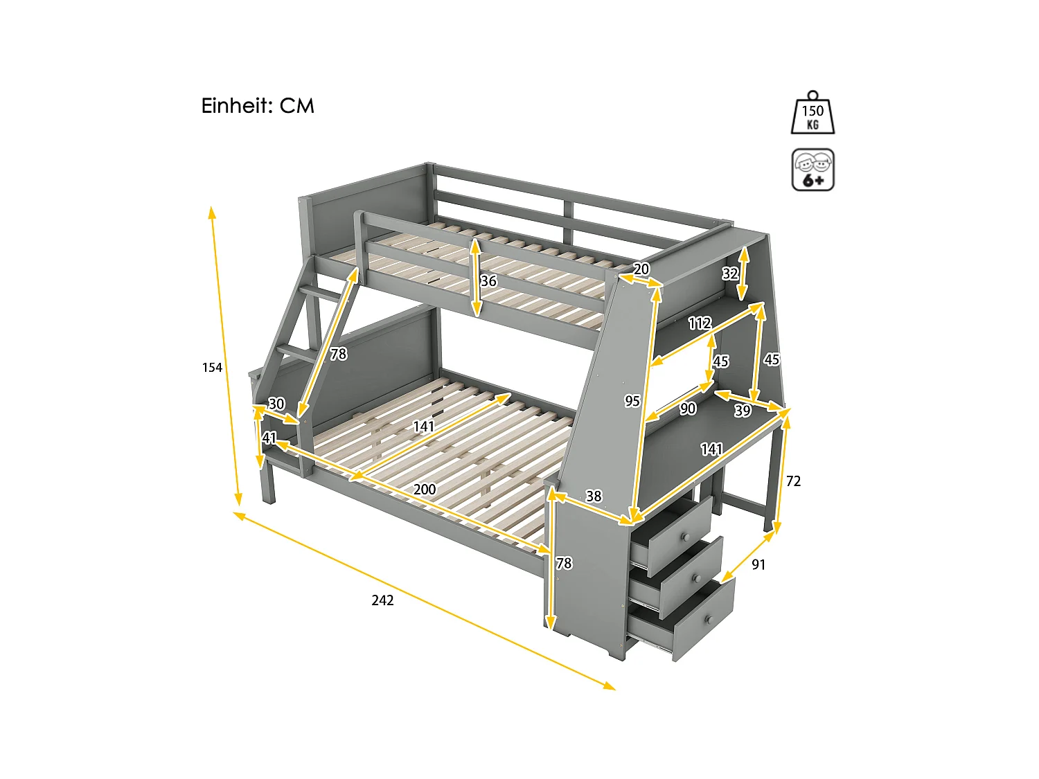 Stapelbed 90 x 200 cm + 140 x 200 cm - bureau + 3 lades + plank - MDF hout - grijs