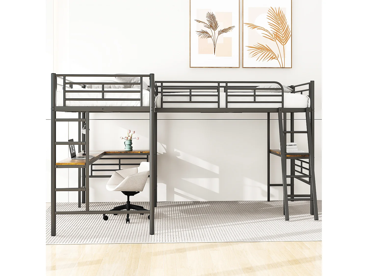 Cama doble entreplanta - 2 x 90 x 200 cm - con escritorio de esquina y escalera - metal - negro