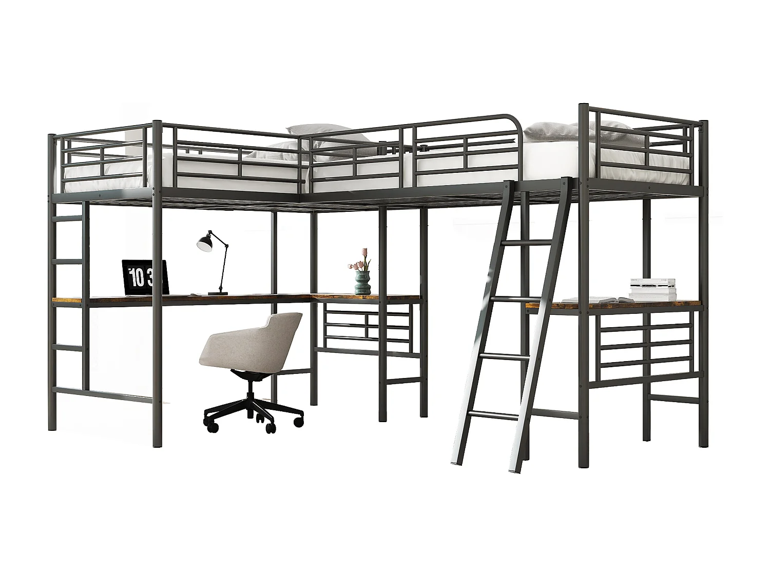 2-Sitzer-Mezzanine-Bett – 2 x 90 x 200 cm – mit Eckschreibtisch und Leitern – Metall – Schwarz