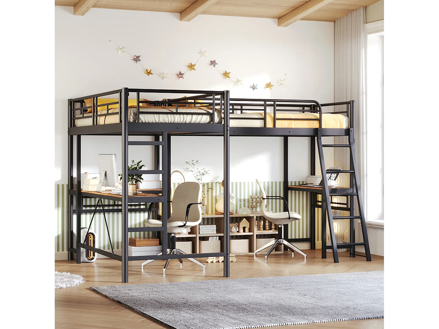 Letto a soppalco matrimoniale - 2 x 90 x 200 cm - con scrivania angolare e scalette - metallo - nero