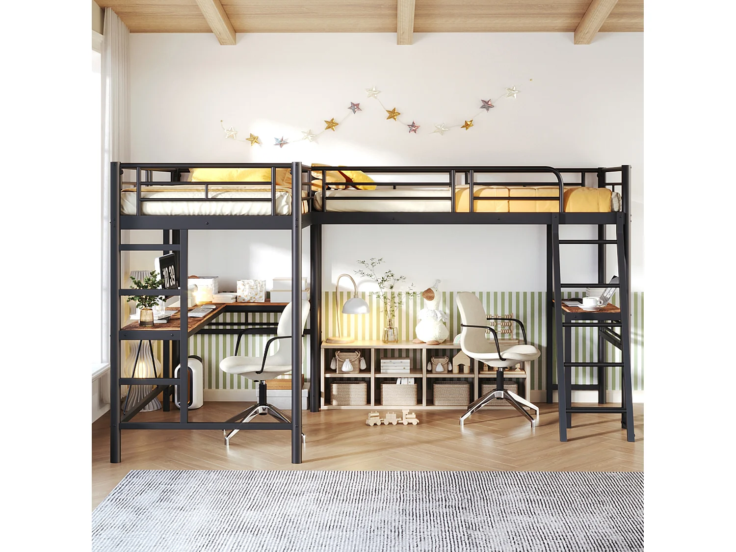 Letto a soppalco matrimoniale - 2 x 90 x 200 cm - con scrivania angolare e scalette - metallo - nero