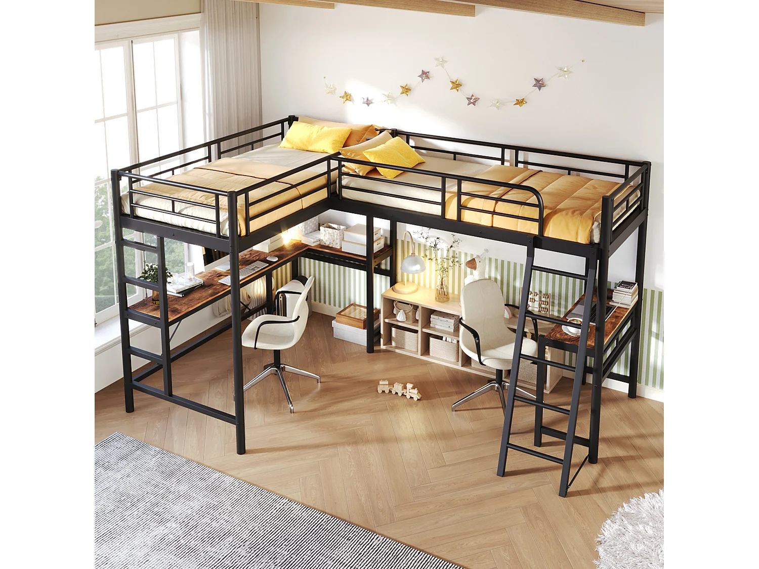 Letto a soppalco matrimoniale - 2 x 90 x 200 cm - con scrivania angolare e scalette - metallo - nero