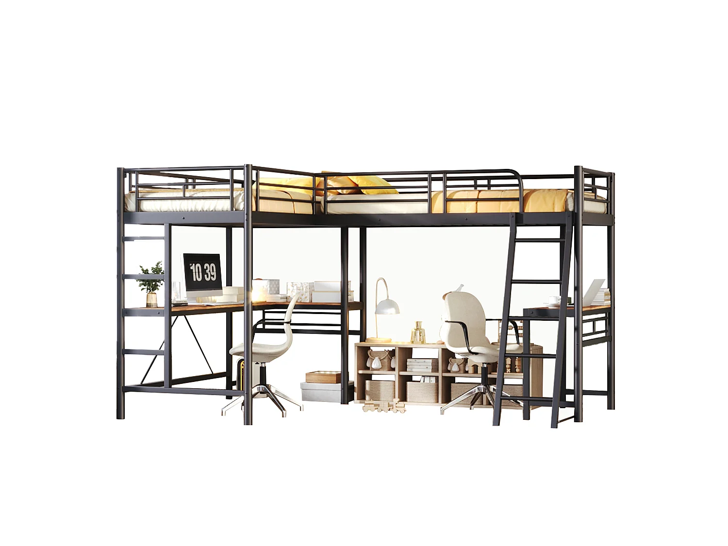 Letto a soppalco matrimoniale - 2 x 90 x 200 cm - con scrivania angolare e scalette - metallo - nero