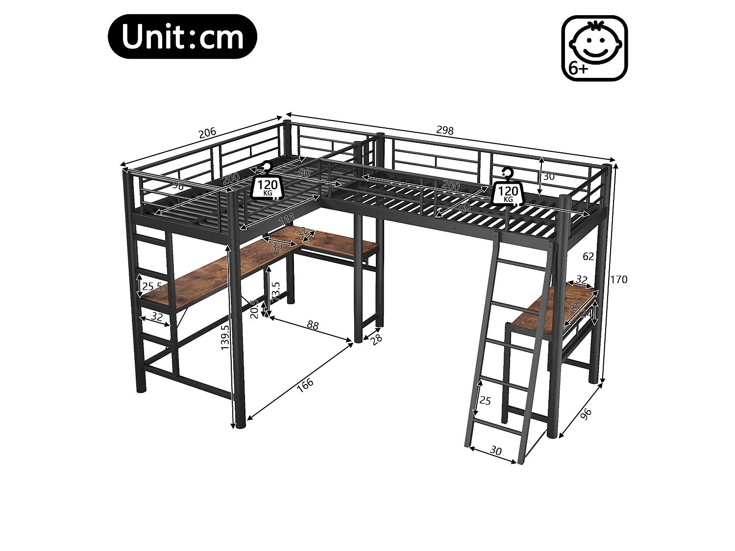 Letto a soppalco matrimoniale - 2 x 90 x 200 cm - con scrivania angolare e scalette - metallo - nero