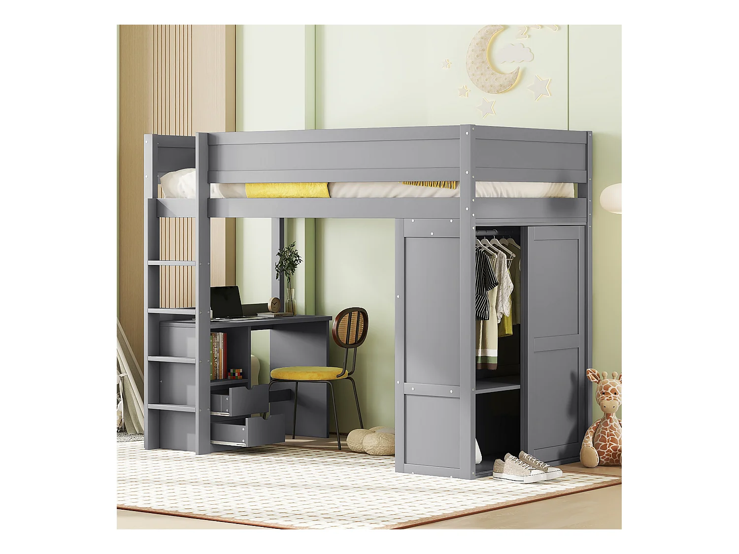 Lit mezzanine 90 x 200 cm avec bureau + 2 tiroirs - Armoir avec porte coulissante - Bois MDF - Gris