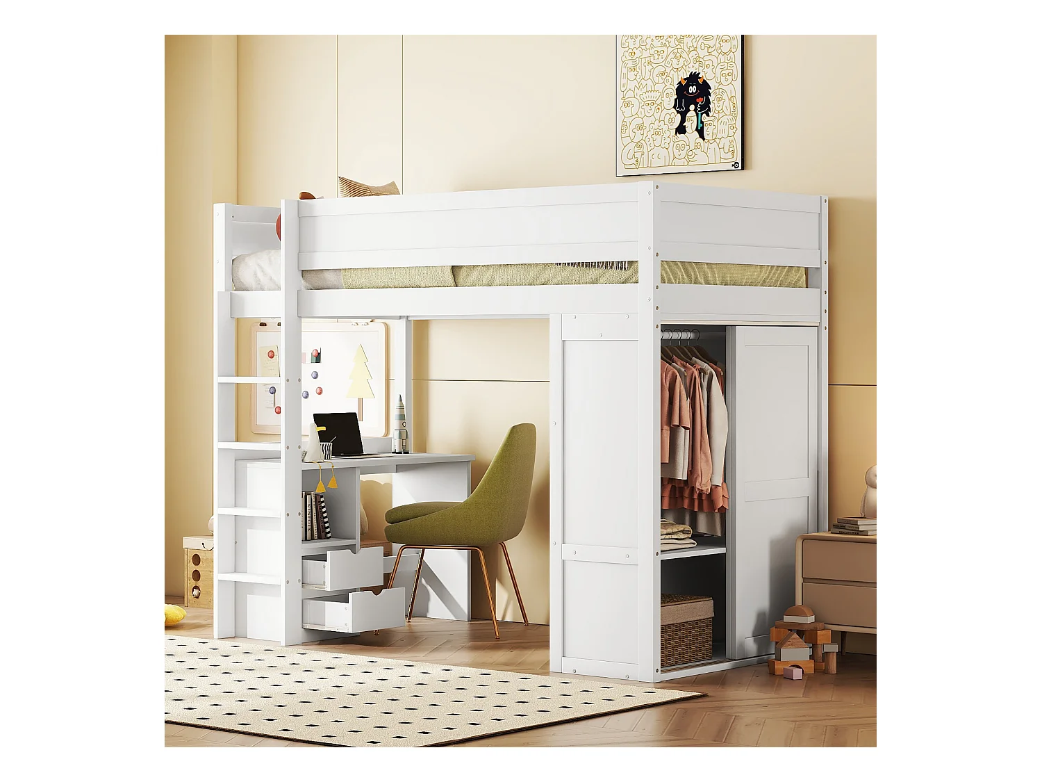 Lit mezzanine 90 x 200 cm avec bureau + 2 tiroirs - Armoir avec porte coulissante - Bois MDF - Blanc