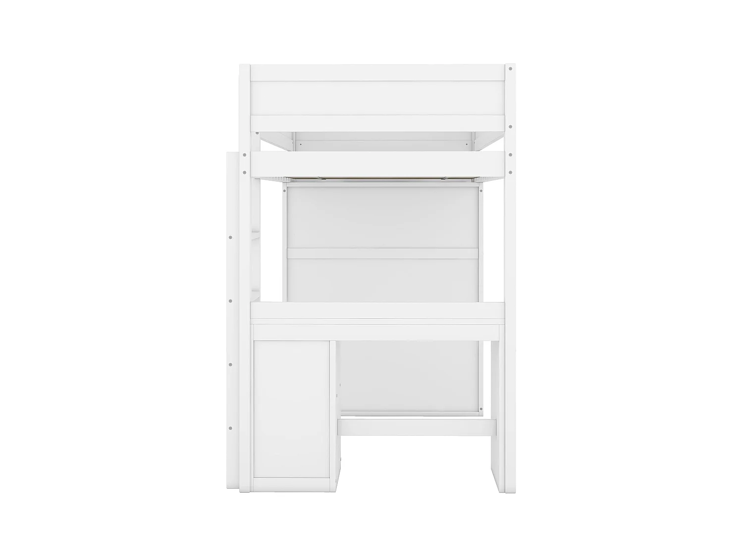 Hochbett 90 x 200 cm mit Schreibtisch + 2 Schubladen – Kleiderschrank mit Schiebetür – MDF-Holz – Weiß