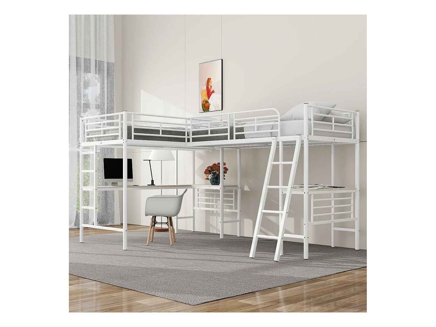 Lit mezzanine 2 places - 2 x 90 x 200 cm - avec bureau d'angle et échelles - métal - blanc
