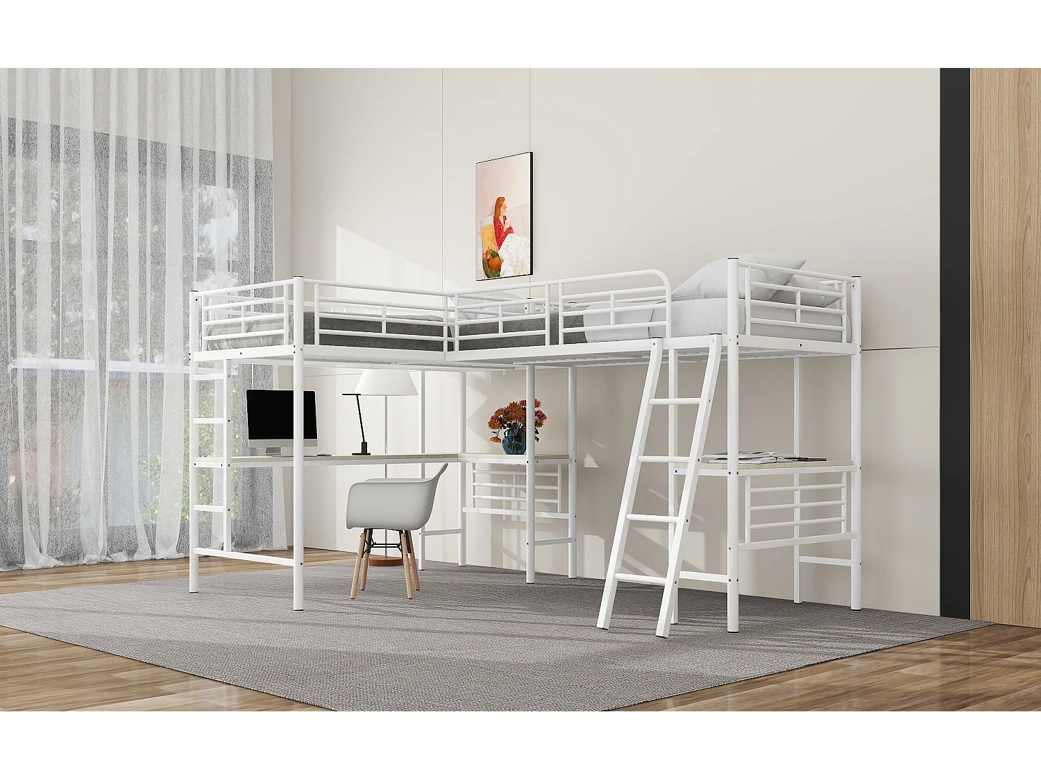 2-Sitzer-Mezzanine-Bett – 2 x 90 x 200 cm – mit Eckschreibtisch und Leitern – Metall – weiß