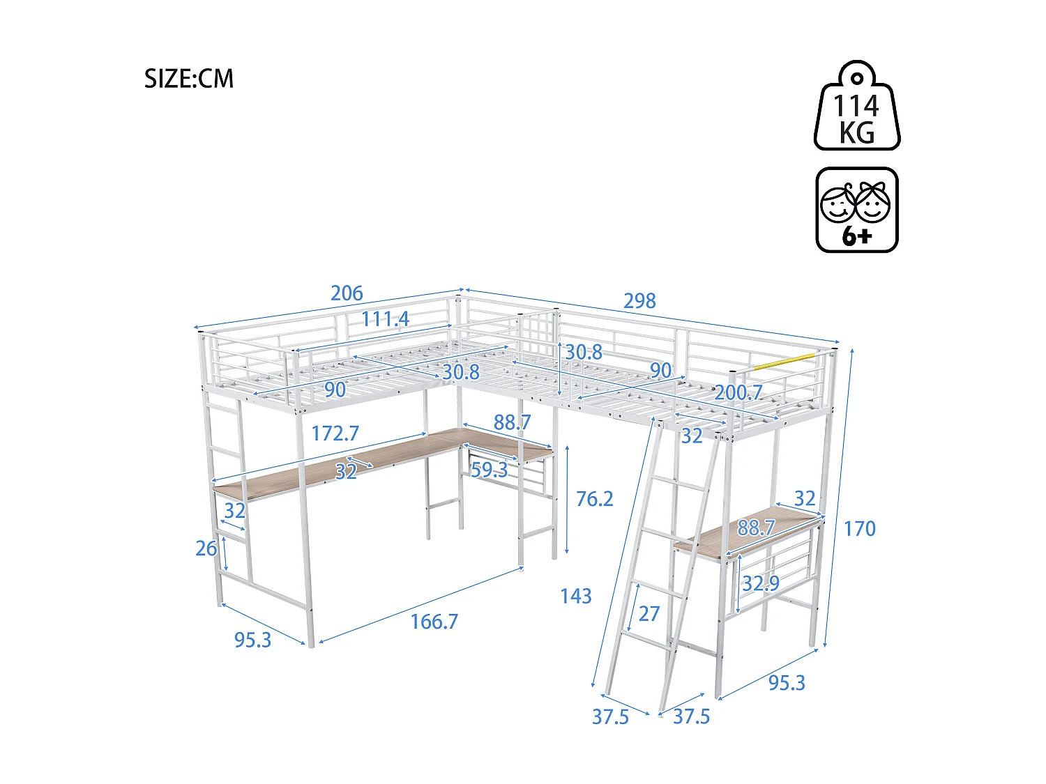 2-Sitzer-Mezzanine-Bett – 2 x 90 x 200 cm – mit Eckschreibtisch und Leitern – Metall – weiß