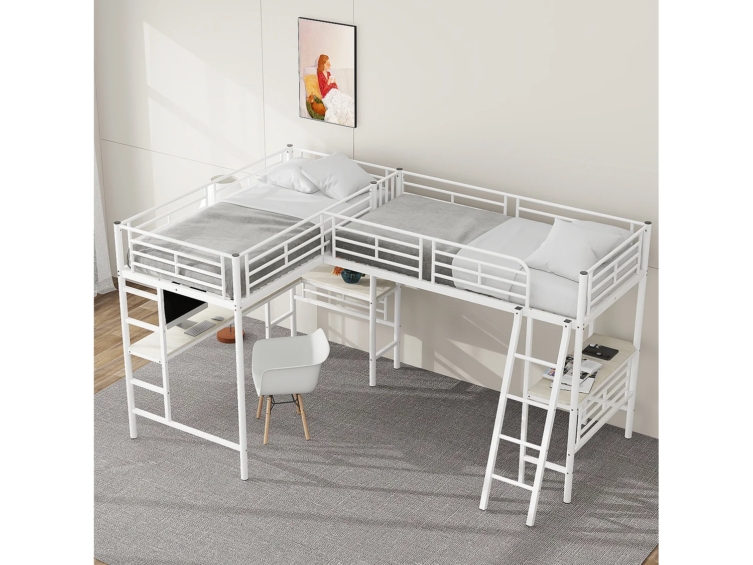 2-Sitzer-Mezzanine-Bett – 2 x 90 x 200 cm – mit Eckschreibtisch und Leitern – Metall – weiß