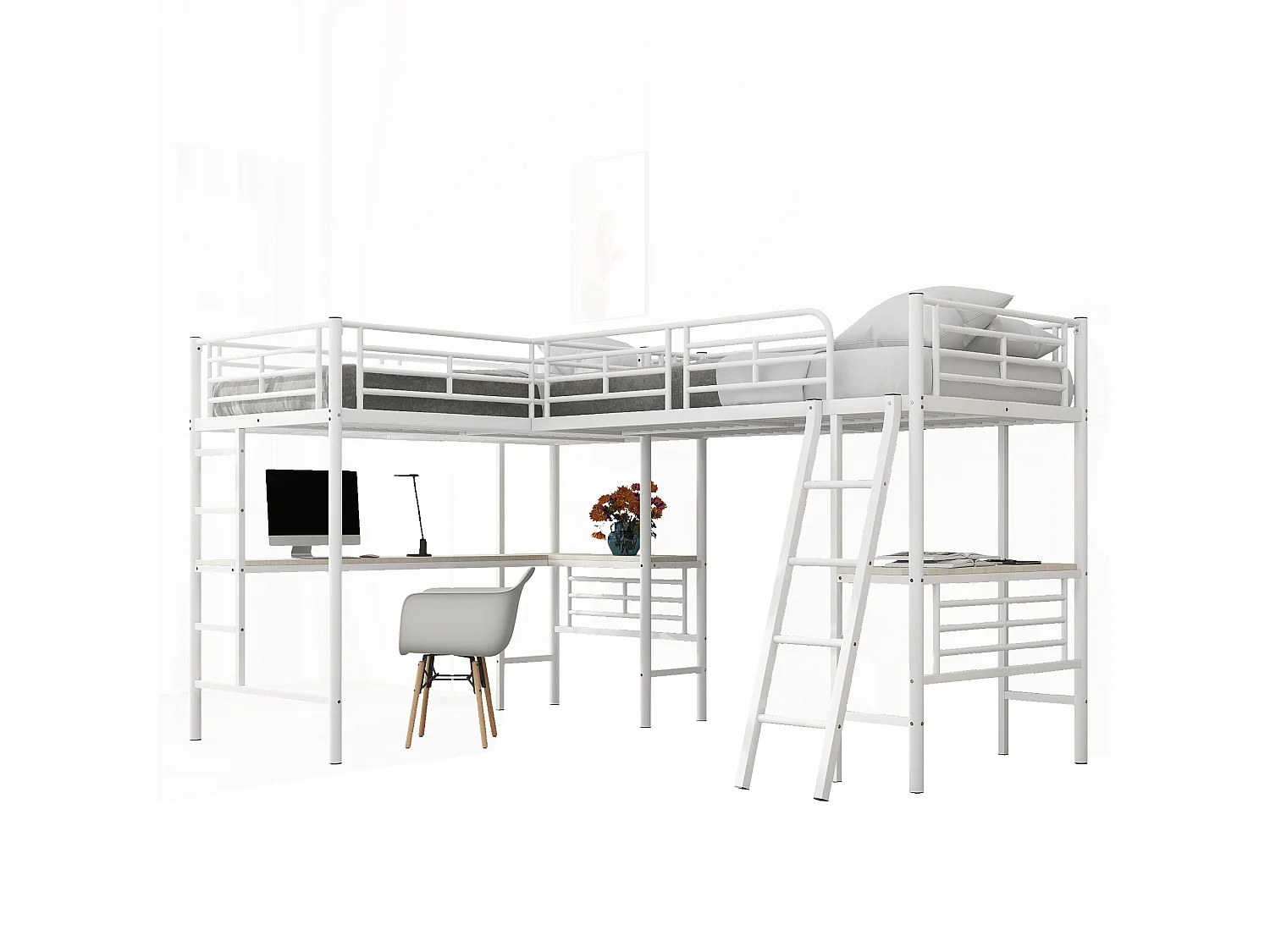 2-Sitzer-Mezzanine-Bett – 2 x 90 x 200 cm – mit Eckschreibtisch und Leitern – Metall – weiß