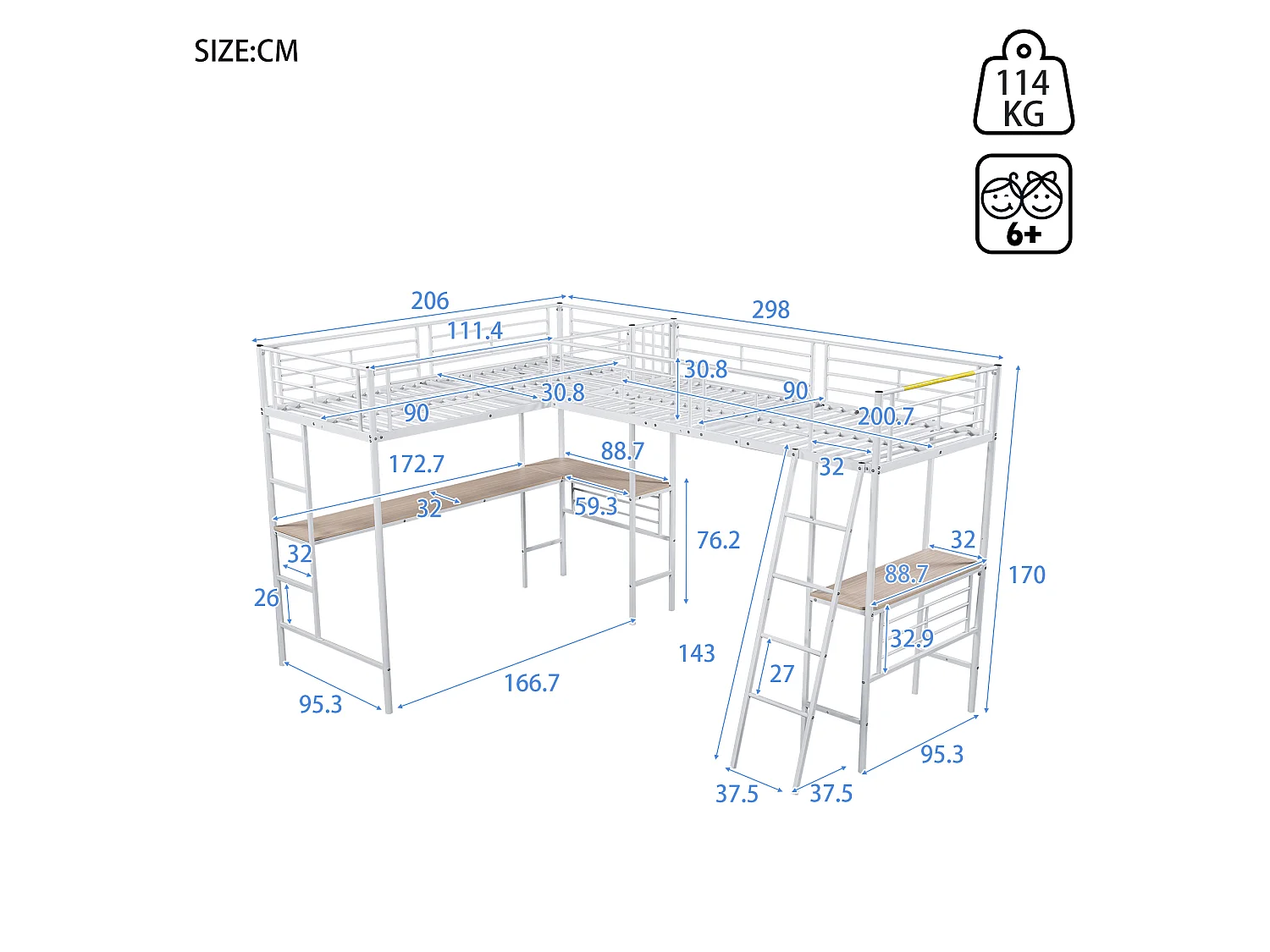 2-Sitzer-Mezzanine-Bett – 2 x 90 x 200 cm – mit Eckschreibtisch und Leitern – Metall – weiß