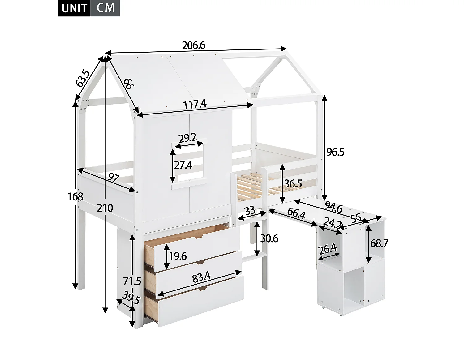 Mezzaninebed 90 x 200 cm met 3 lades en uitschuifbaar bureau - hoogslaper - MDF-hout - wit