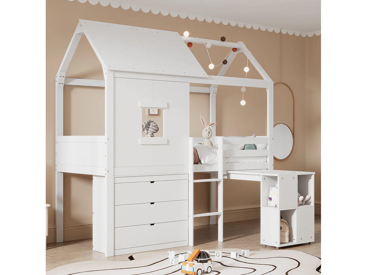 Lit mezzanine 90 x 200 cm avec 3 tiroirs et bureau extensible - lit cabane-mi hauteur - bois MDF - blanc