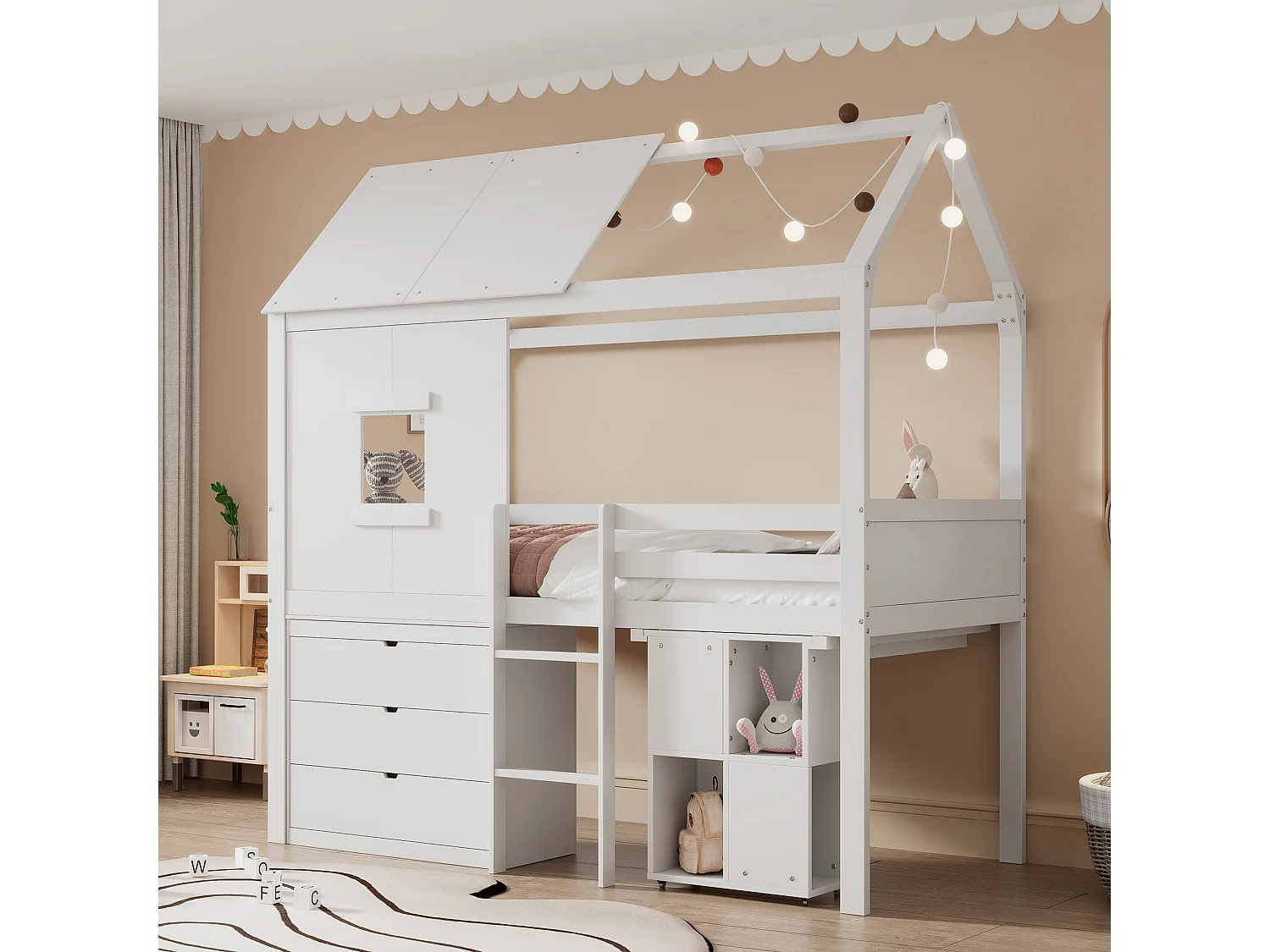 Lit mezzanine 90 x 200 cm avec 3 tiroirs et bureau extensible - lit cabane-mi hauteur - bois MDF - blanc