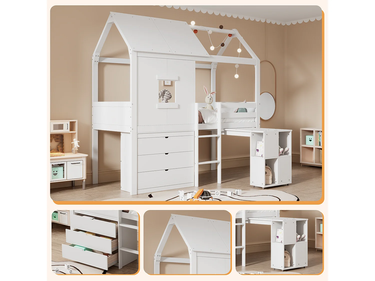 Lit mezzanine 90 x 200 cm avec 3 tiroirs et bureau extensible - lit cabane-mi hauteur - bois MDF - blanc