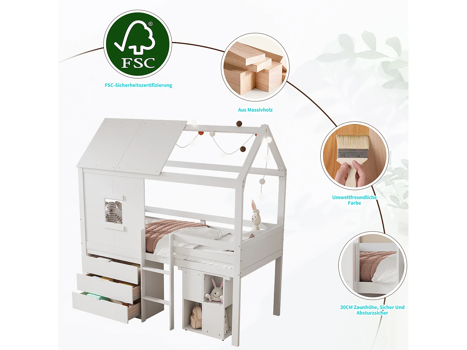 Lit mezzanine 90 x 200 cm avec 3 tiroirs et bureau extensible - lit cabane-mi hauteur - bois MDF - blanc