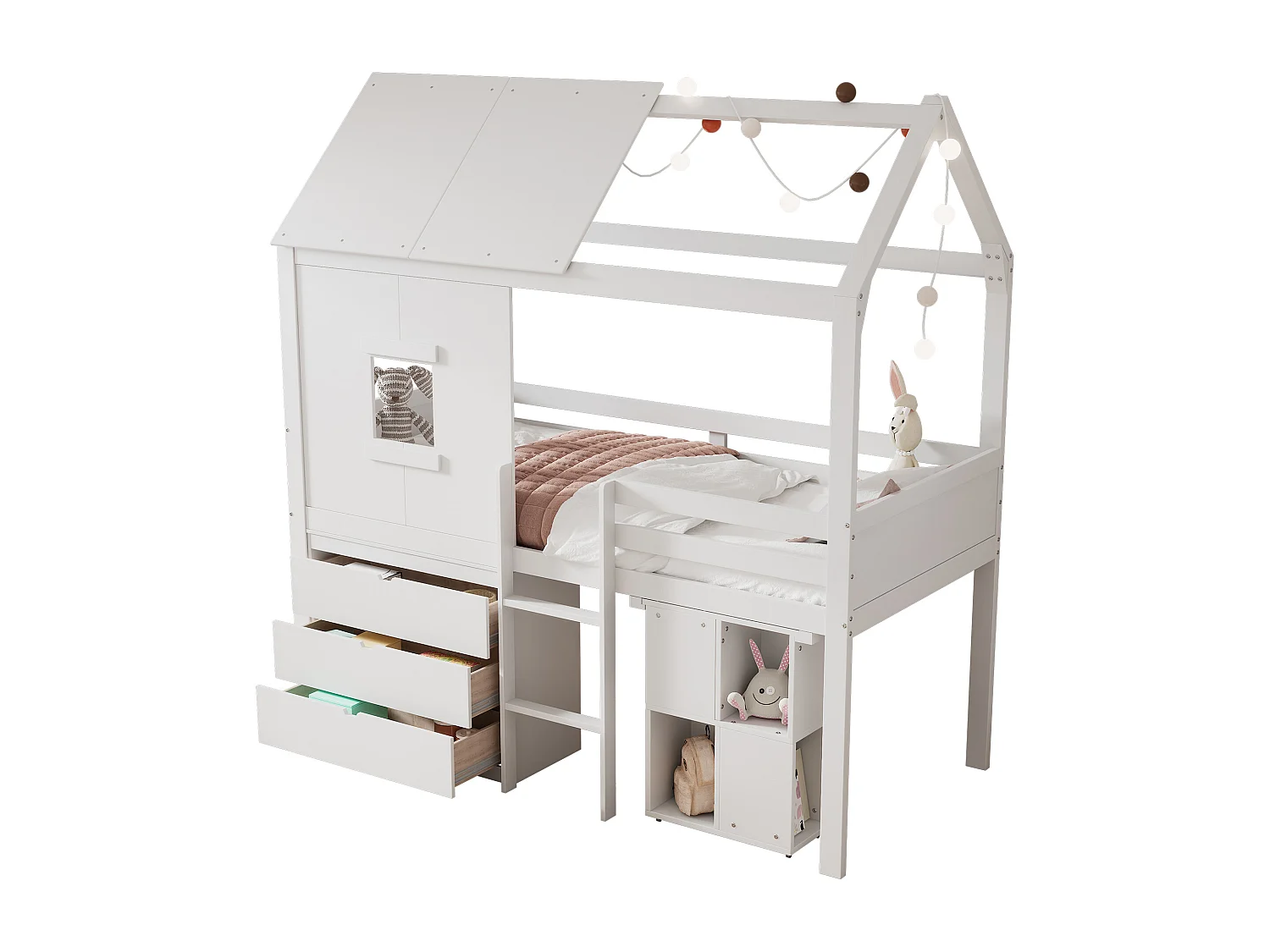 Lit mezzanine 90 x 200 cm avec 3 tiroirs et bureau extensible - lit cabane-mi hauteur - bois MDF - blanc